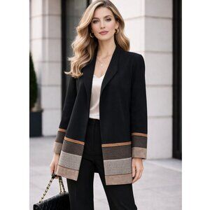 Lafayette 148 Longline Blazer Jacket Embroidered Leather Trim size S Colorblock